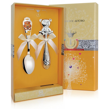 Серебряный набор «Медвежонок» ложка и погремушка