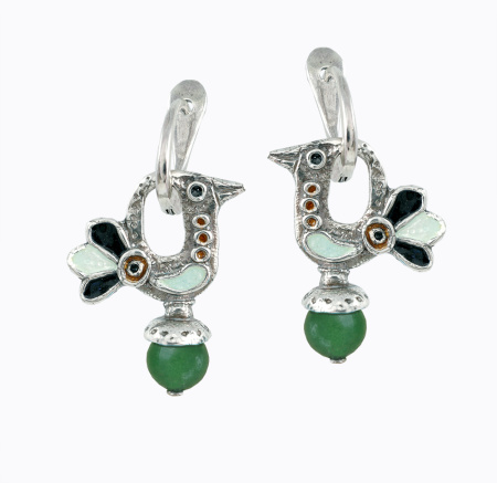 Серьги из серебра с эмалью «Птицы» с авантюрином