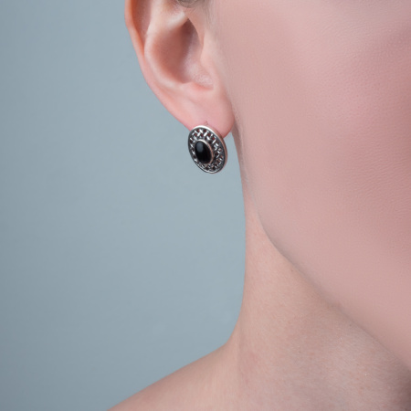 Серьги женские из серебра 925 с черным агатом овал сеточка