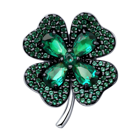 Брошь из серебра с фианитами «Клевер» четырехлистник