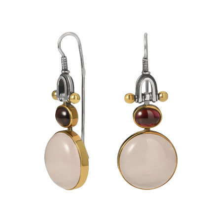 Серебряные серьги с розовым кварцем и гранатом