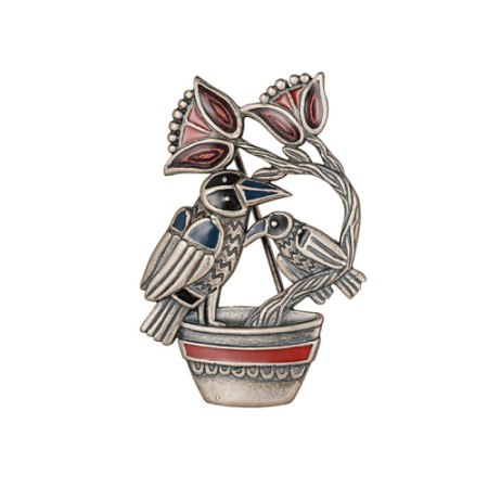 Серебряная брошь с эмалью «Вороны и цветок»