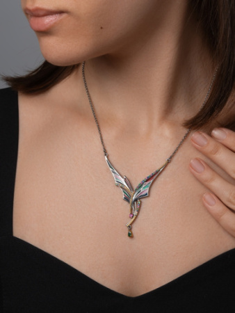 Колье из серебра «Эльфийские крылья» с витражной эмалью и золочением