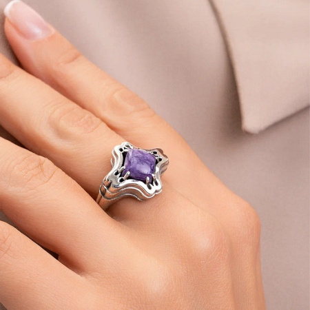 Серебряное кольцо «Чароитовый Крест» с чароитом