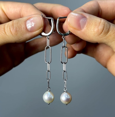 Серьги серебряные длинные с жемчугом