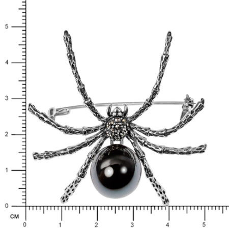 Серебряная брошь «Паук» с гематитом и марказитами Swarovski