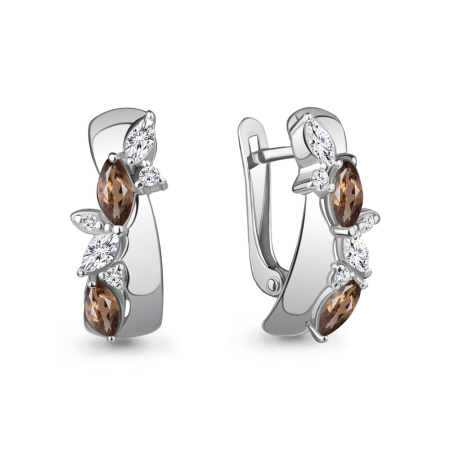 Серьги из серебра с дымчатым кварцем и фианитами
