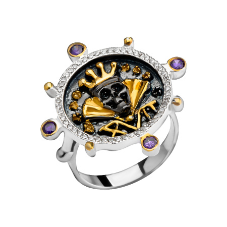 Серебряное кольцо с фианитами «Монета» череп корона