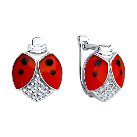 Детские серебряные серьги с эмалью и фианитами «Божья коровка»