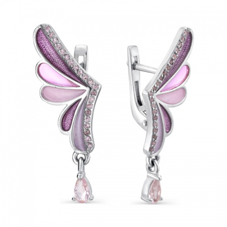 Серебряные серьги с эмалью и фианитами «Крылья бабочки Нежность»