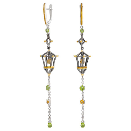 Серебряные серьги с цитрином, хризолитом, фианитами «Фонарь»
