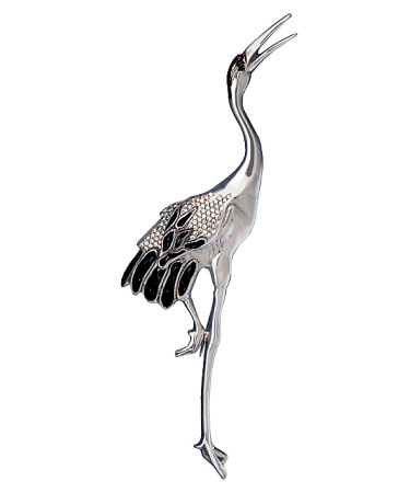 Серебряная брошь с фианитами и эмалью «Цапля»