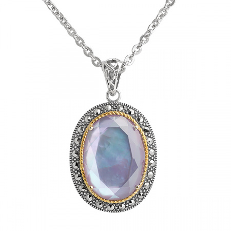 Серебряный кулон на цепи с перламутром, горным хрусталем и марказитами Swarovski