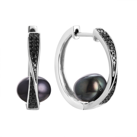 Серебряные серьги-конго с жемчугом и шпинелью