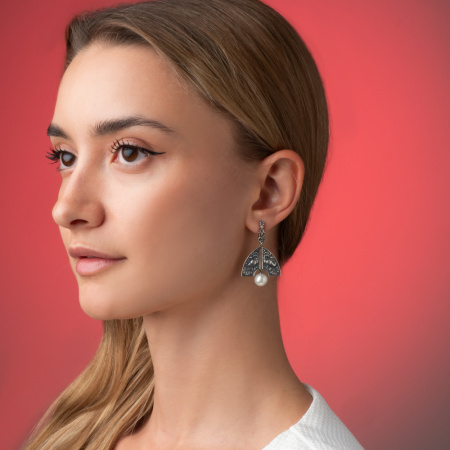 Серебряные серьги с жемчугом «Жар-птица» кокошник с жемчугом