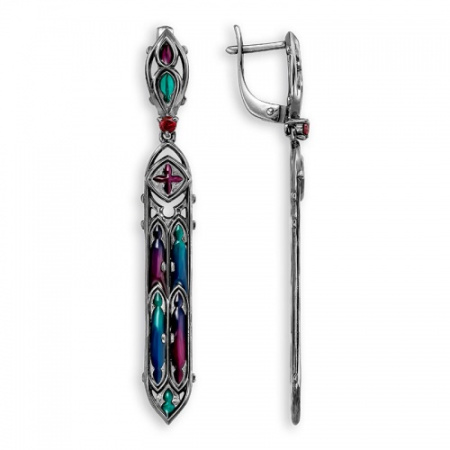 Серебряные серьги с витражной эмалью и гранатами