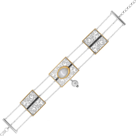 Серебряный браслет с лунным камнем, жемчугом и фианитами