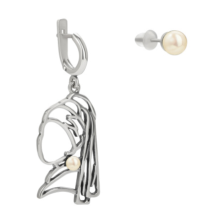 Серьги из серебра с жемчугом ассиметричные «Девушка с жемчужной сережкой»