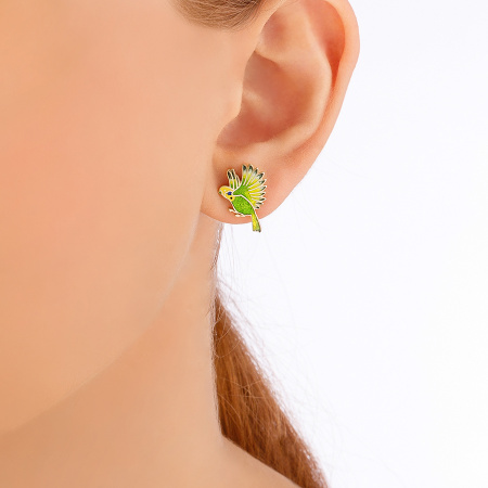 Серьги-пусеты из серебра «Попугаи» зеленые