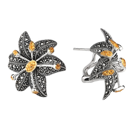 Серьги из серебра с цитрином, марказитами Swarovski и позолотой