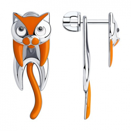 Серебряные серьги «Кот» с эмалью