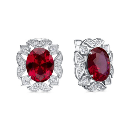 Серьги из серебра с фианитами и корунд рубином