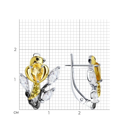 Серебряные серьги с цитрином и фианитами «Птички»