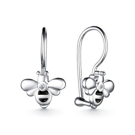 Детские серьги из серебра с фианитом и эмалью «Пчела»