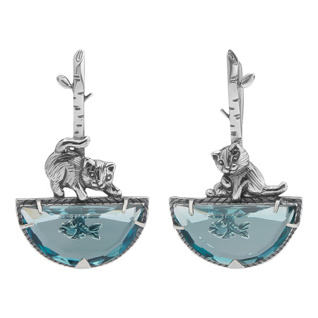 Серьги серебро 925 Озеро надежды Кот рыбалка с синим перунитом
