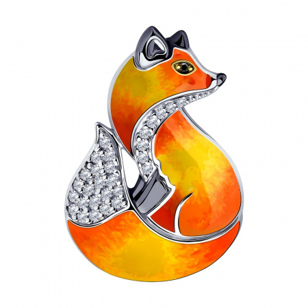 Брошь из серебра «Лиса» с эмалью и фианитами