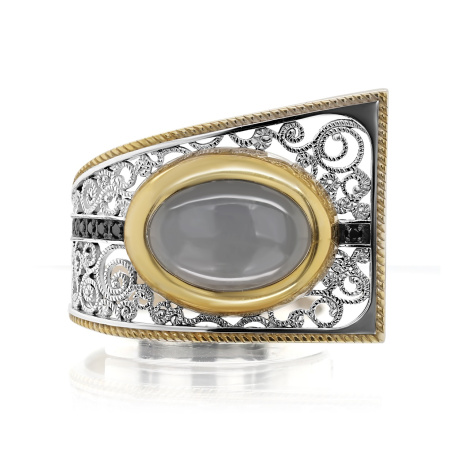 Кольцо из серебра с лунным камнем, жемчугом и фианитами