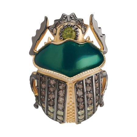 Брошь из серебра «Жук» с топазом, эмалью, шпинелью и хризолитом