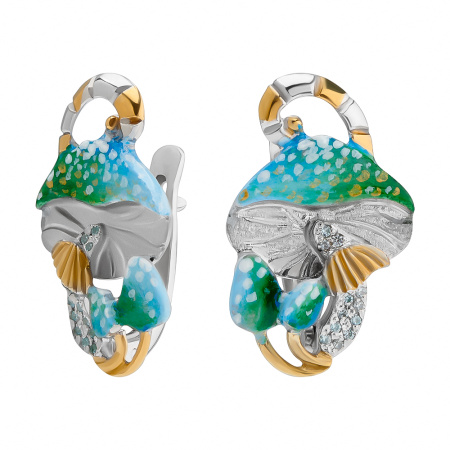 Серьги из серебра с эмалью и фианитами «Гриб»