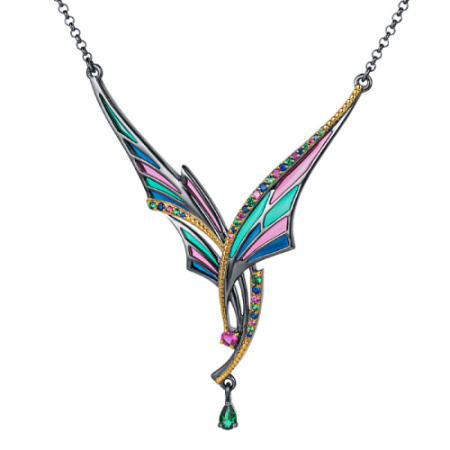 Колье из серебра «Эльфийские крылья» с витражной эмалью и золочением