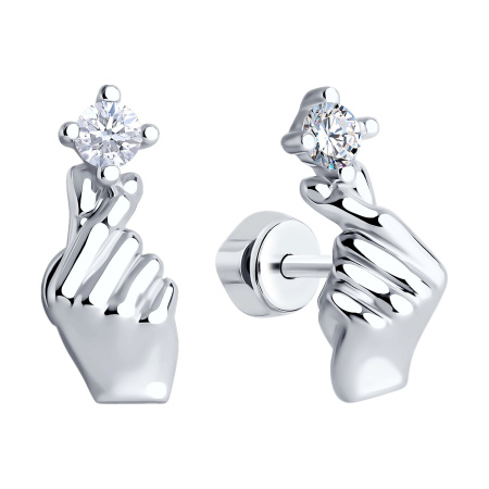 Серебряные серьги-пуссеты с фианитом «Рука»