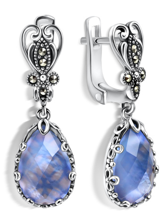 Серебряные серьги ALEXANDRE VASSILIEV с голубым кварцем, марказитами и перламутром