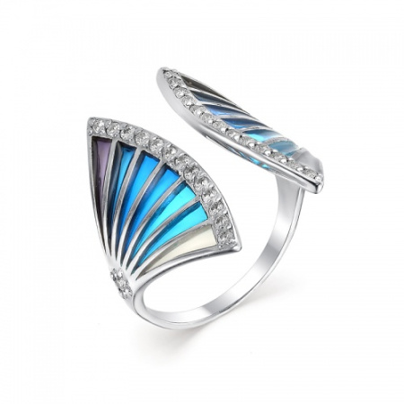 Кольцо из серебра с витражной эмалью и фианитами «Веер»