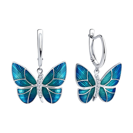 Серебряные серьги с фианитами и эмалью «Бабочка»