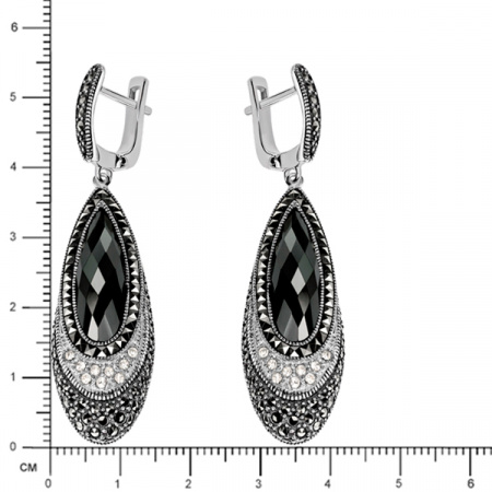 Серебряные серьги с гематитом, фианитами и марказитами Swarovski