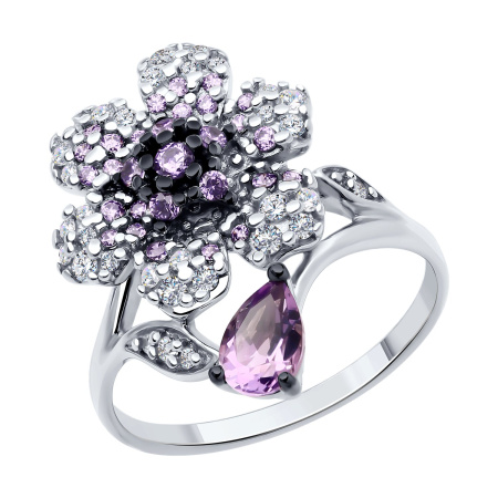 Кольцо из серебра с аметистом и фианитами «Цветок»
