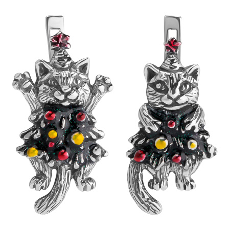 Серьги из серебра 925 Новый кот и елка
