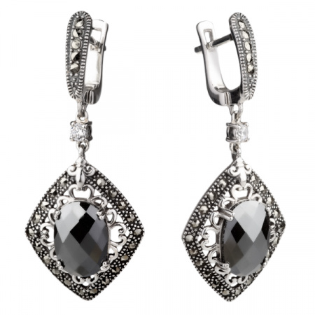 Серебряные серьги с гематитом, марказитами Swarovski и фианитами