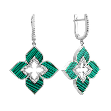 Серебряные серьги с синтетическим малахитом «Цветок»