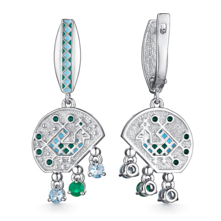 Серьги из серебра с агатом, фианитами и эмалью «Петух»