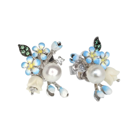 Серьги из серебра «Цветы» с кораллом, эмалью, жемчугом , фианитами