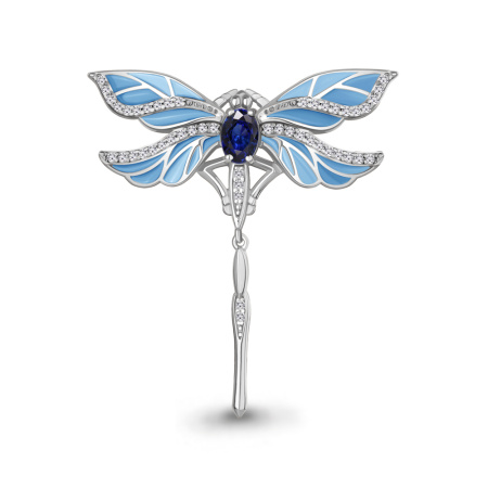 Брошь из серебра с наносапфиром, эмалью и фианитами «Стрекоза»