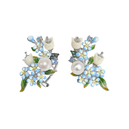 Серебряные серьги с синтетическим кораллом, эмалью и культивированным жемчугом