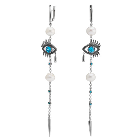 Серебряные серьги с жемчугом, топазом и фианитами «Глаза»
