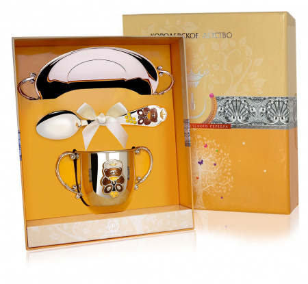 Серебряный набор «Мишка» с эмалью блюдце, поильник, ложка