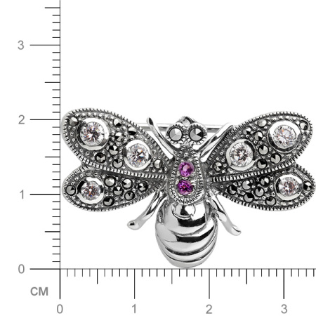 Серебряная брошь с марказитами Swarovski, аметистом и фианитами